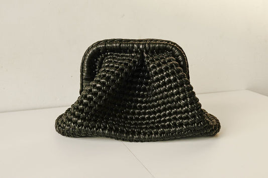 Handmade Cloud Crochet Clutch – Black Metallic Shine Evening Bag | Aunty Woven