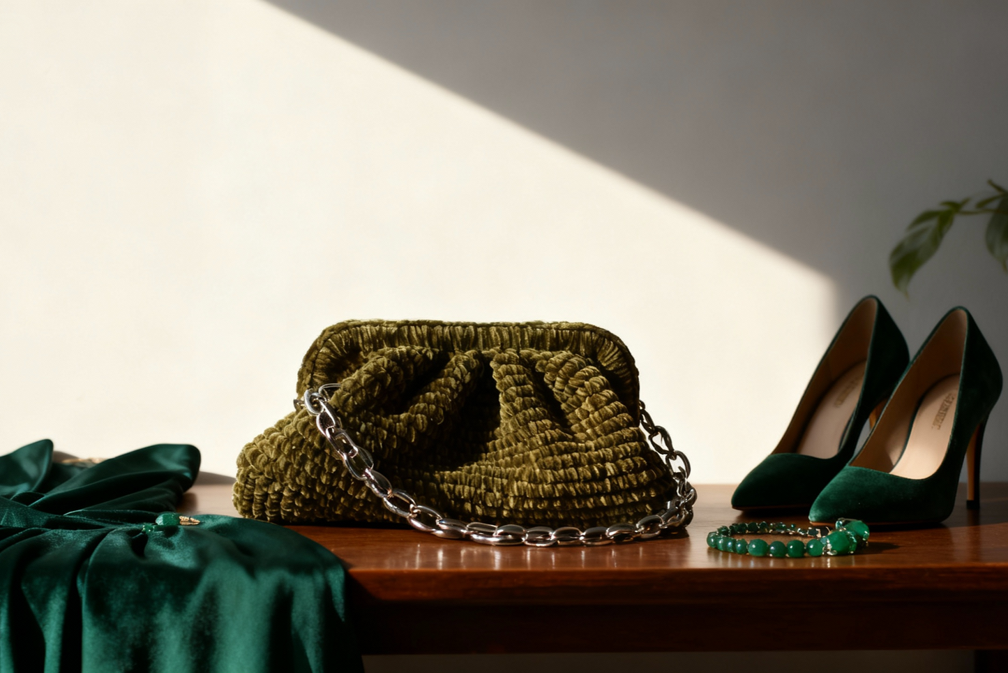 Handmade Velvet Cloud Crochet Clutch – Army Green Elegant Evening Bag | Aunty Woven