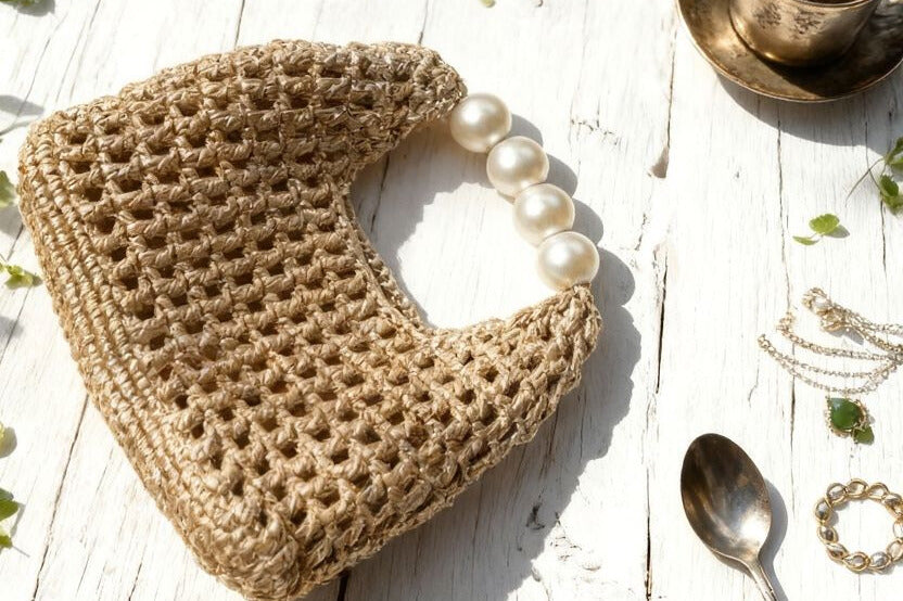 Handmade Vintage Pearl Handle Crochet Clutch – Gold Metallic Yarn Evening Bag | Aunty Woven