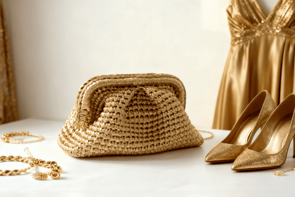 Handmade Cloud Crochet Clutch – Gold Metallic Shine Evening Bag | Aunty Woven