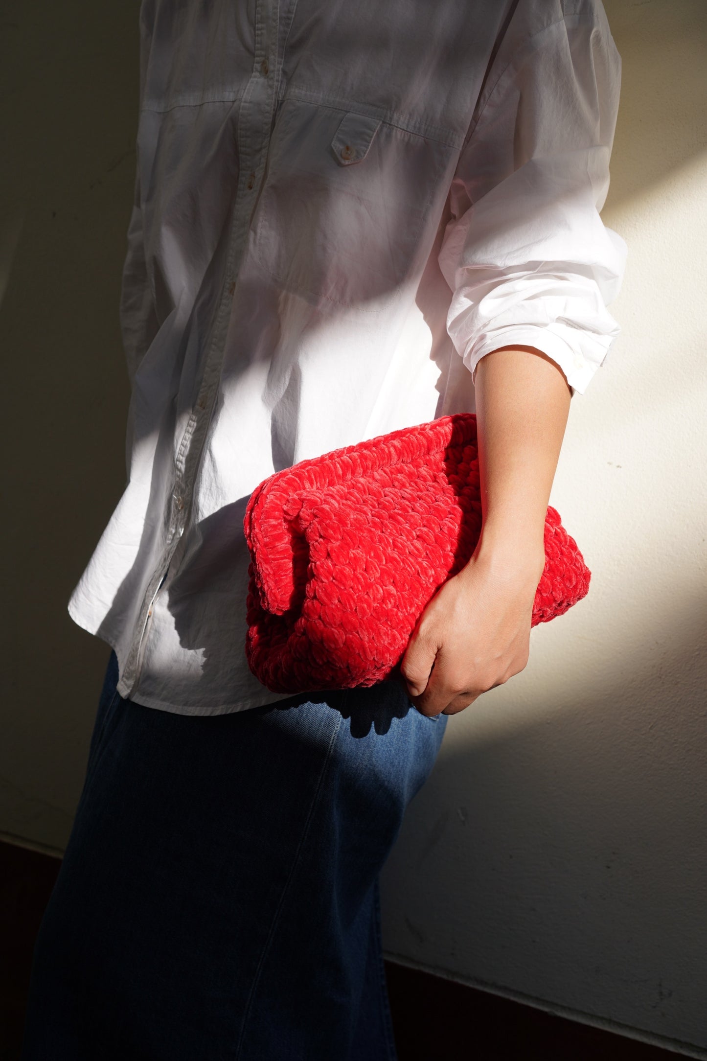 Handmade Velvet Crochet Clutch – Christmas Red Elegant Evening Bag | Aunty Woven