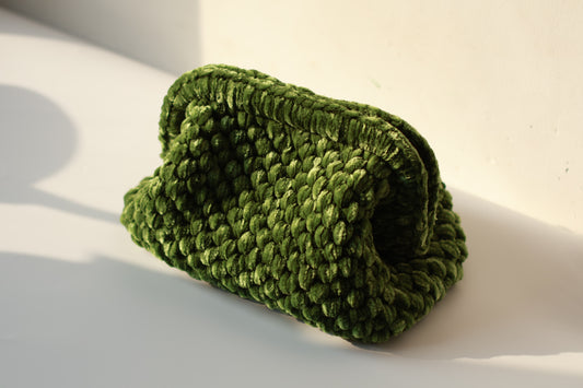 Handmade Velvet Crochet Clutch – Dark Green Elegant Evening Bag | Aunty Woven