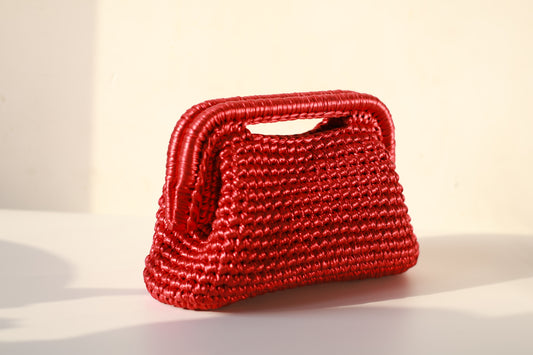 Handmade Mini Crochet Clutch – Red Metallic Evening Bag | Aunty Woven