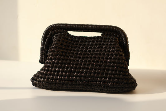Handmade Mini Crochet Clutch – Black Metallic Evening Bag | Aunty Woven