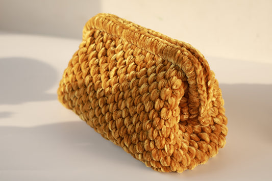 Handmade Velvet Crochet Clutch – Gold Elegant Evening Bag | Aunty Woven