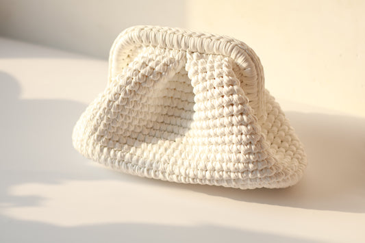 Handmade Cloud Crochet Clutch – White Metallic Shine Evening Bag | Aunty Woven