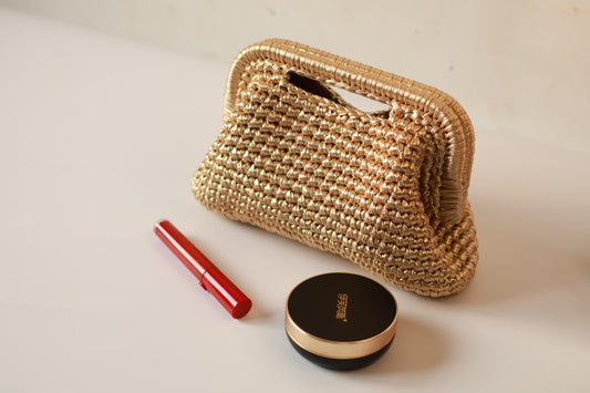 Handmade Mini Crochet Clutch – Gold Metallic Evening Bag | Aunty Woven