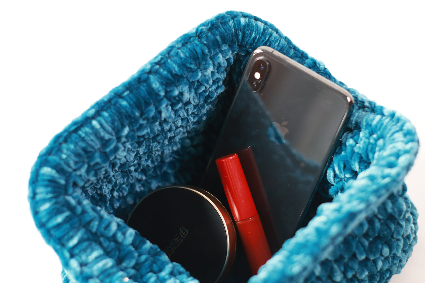 Handmade Velvet Crochet Clutch – Lake Blue Elegant Evening Bag | Aunty Woven