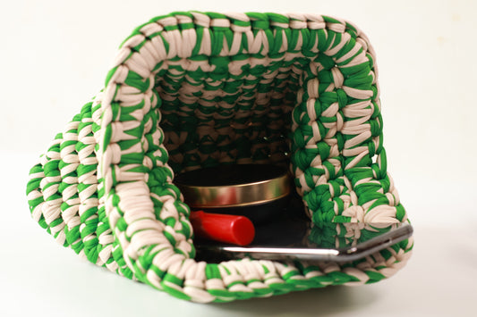 Handmade Two-Tone Crochet Clutch – Red & Green Evening Bag | Aunty Woven