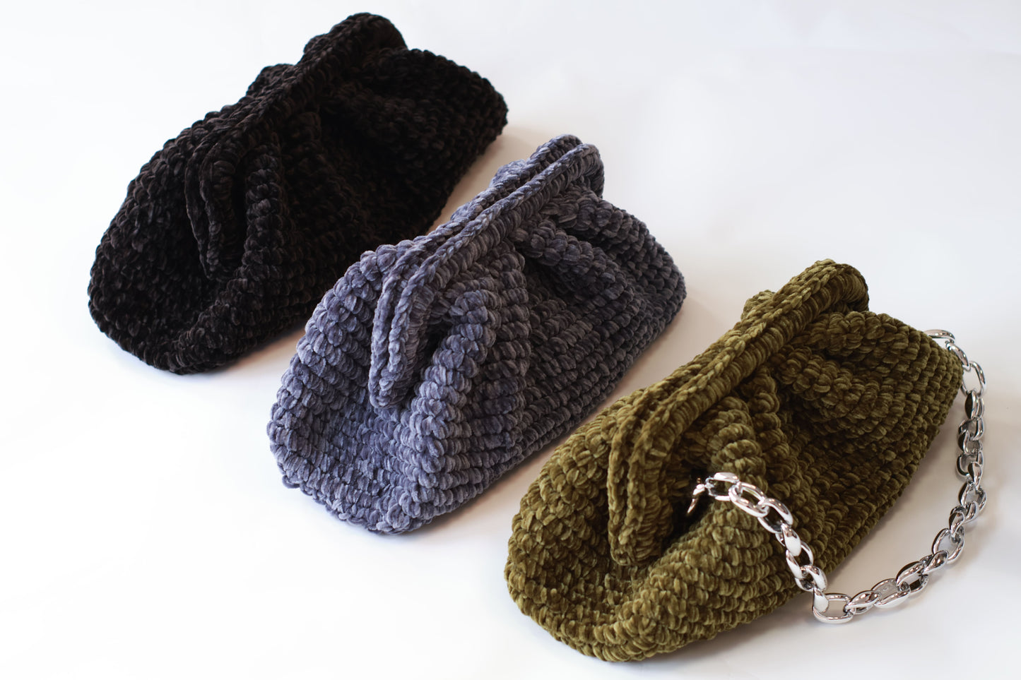 Handmade Velvet Cloud Crochet Clutch – Grey Blue Elegant Evening Bag | Aunty Woven