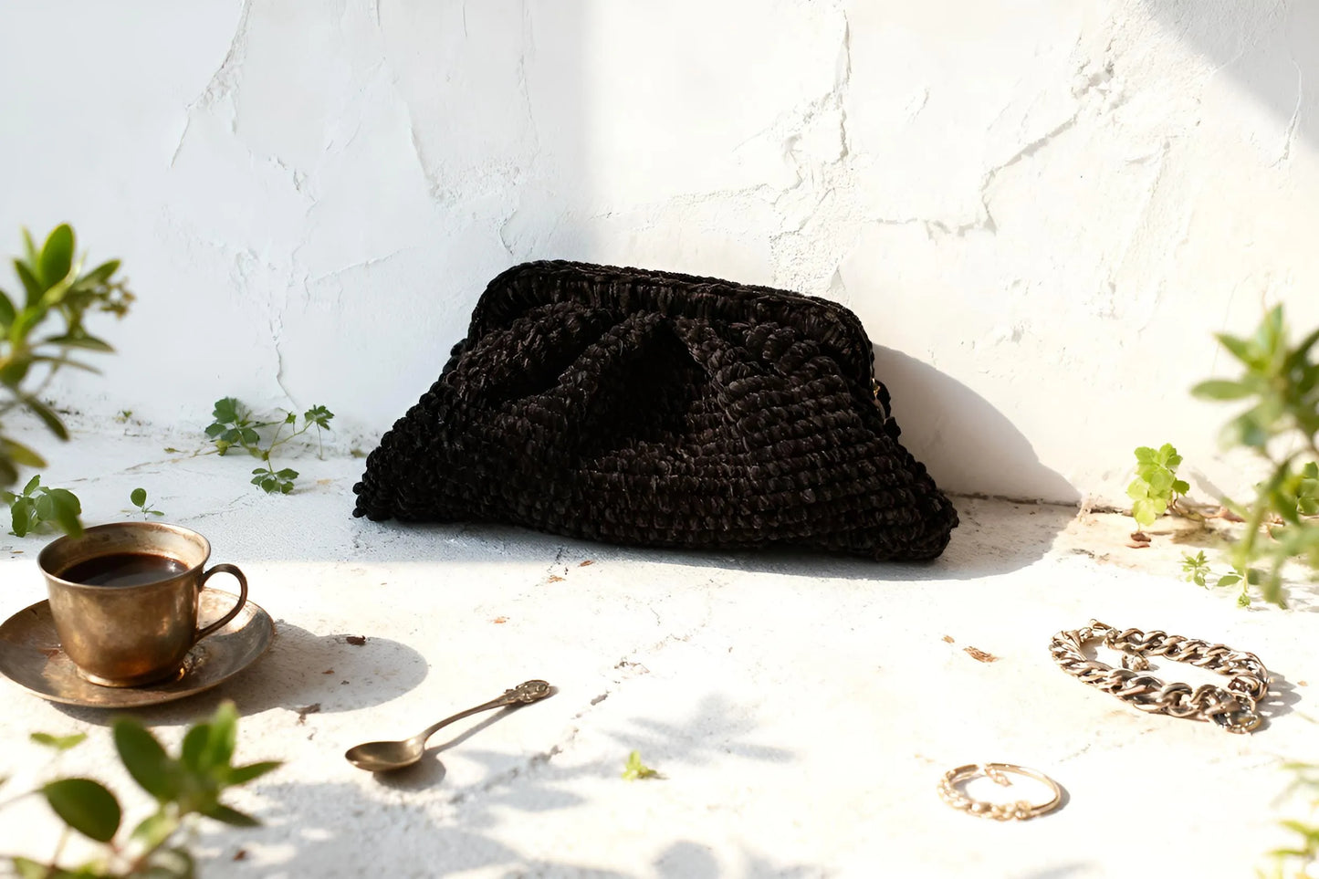 Handmade Velvet Cloud Crochet Clutch – Dark Elegant Evening Bag | Aunty Woven