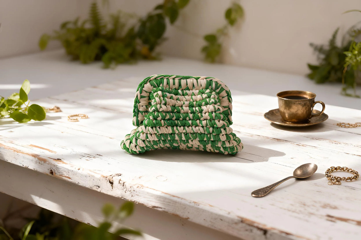 Handmade Two-Tone Crochet Clutch – Pink & Green Evening Bag | Aunty Woven