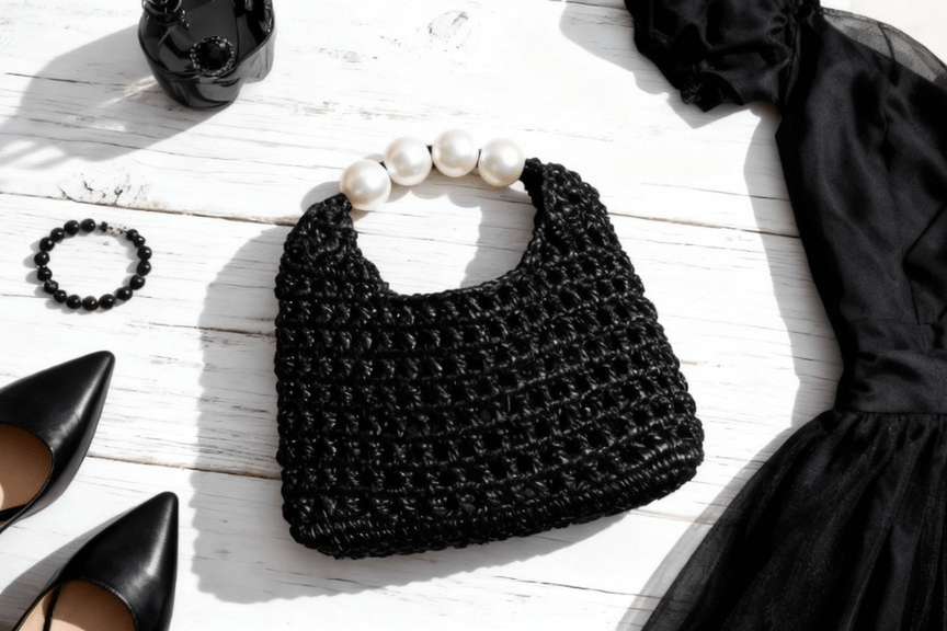 Handmade Vintage Pearl Handle Crochet Clutch – Black Metallic Yarn Evening Bag | Aunty Woven