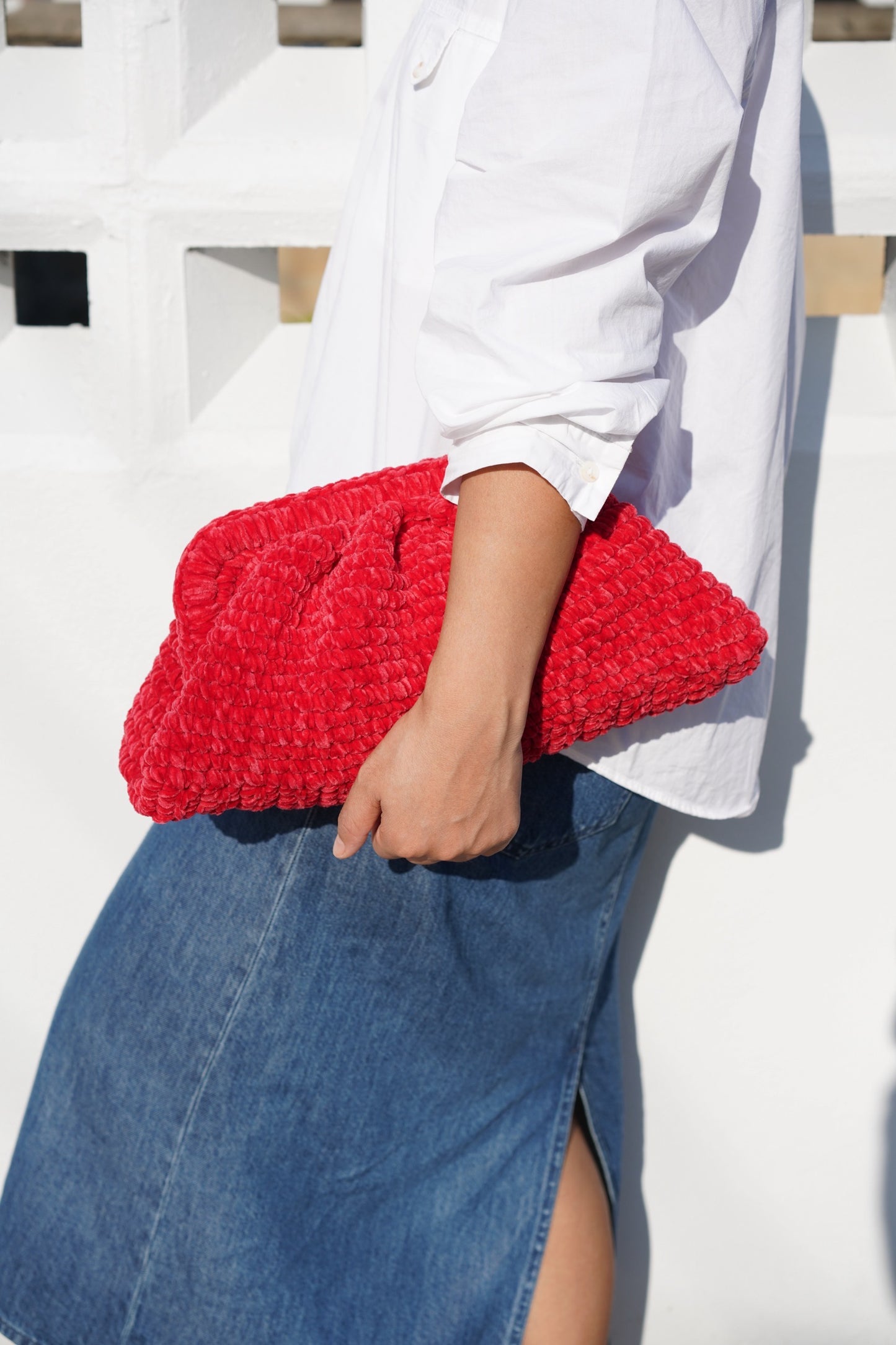 Handmade Velvet Cloud Crochet Clutch – Red Elegant Evening Bag | Aunty Woven