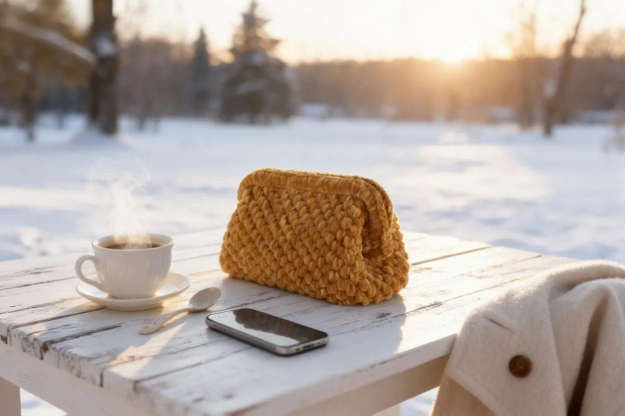 Handmade Velvet Crochet Clutch – Gold Elegant Evening Bag | Aunty Woven