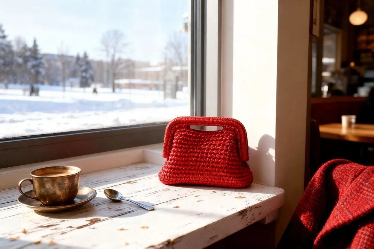 Handmade Mini Crochet Clutch – Red Metallic Evening Bag | Aunty Woven