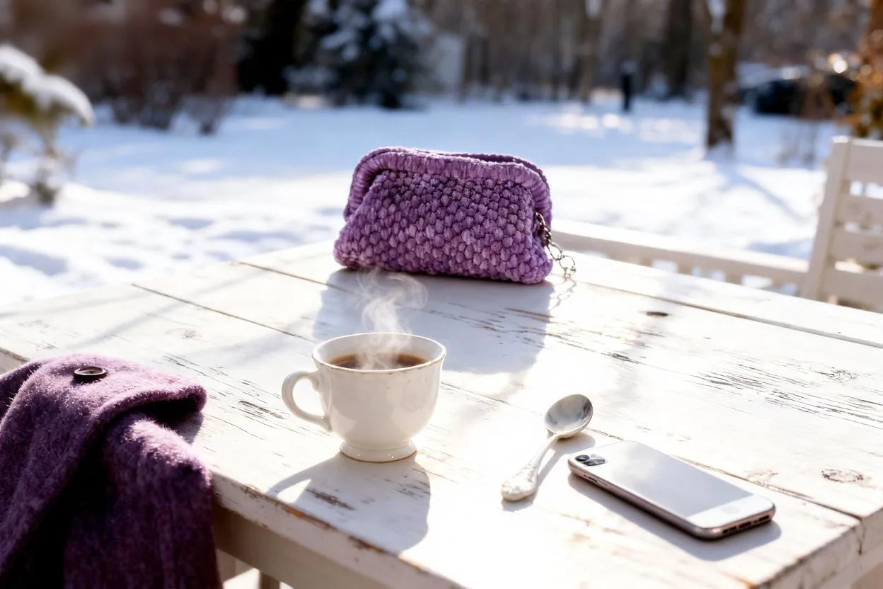 Handmade Velvet Crochet Clutch – Purple Elegant Evening Bag | Aunty Woven