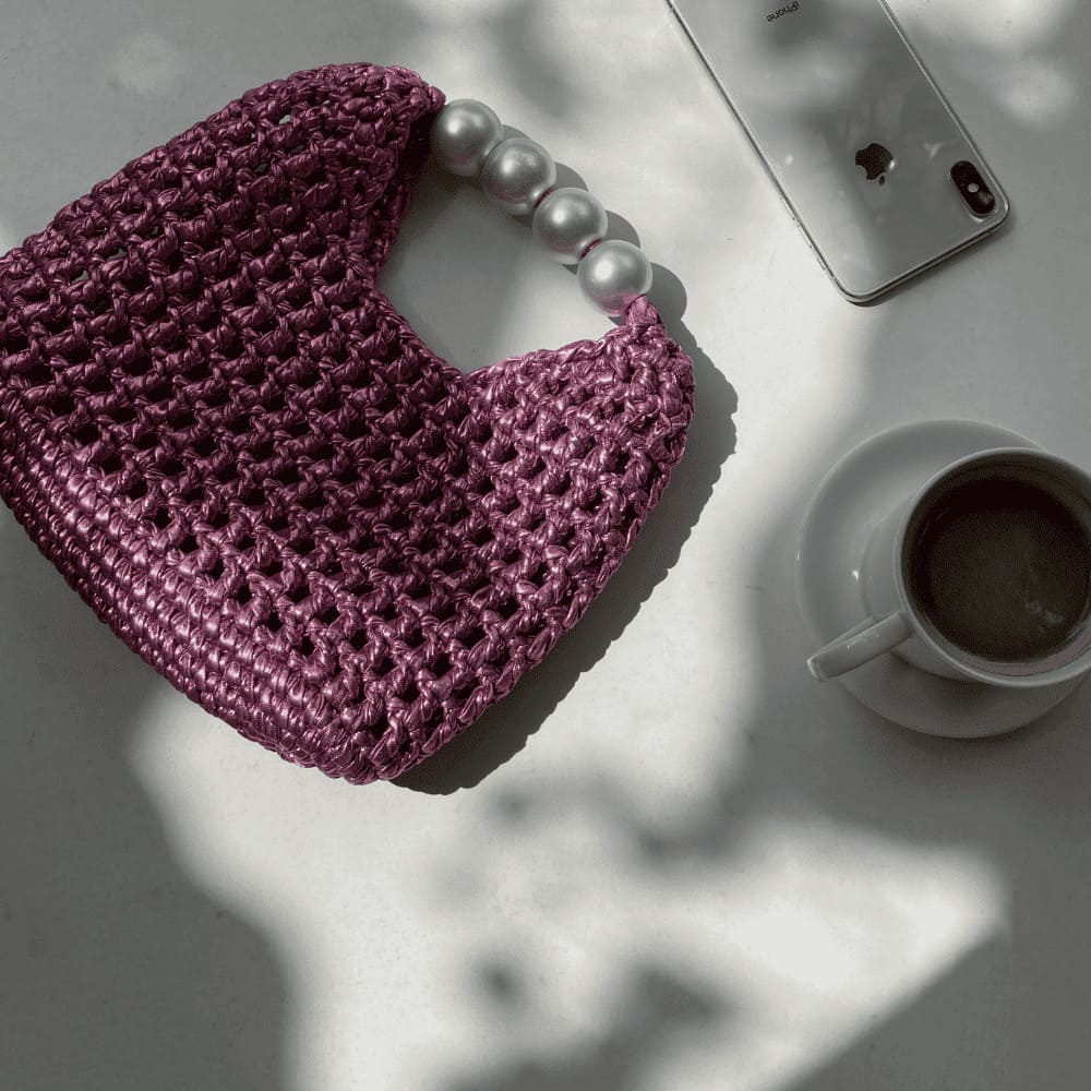 Handmade Vintage Pearl Handle Crochet Clutch – Pink Metallic Yarn Evening Bag | Aunty Woven