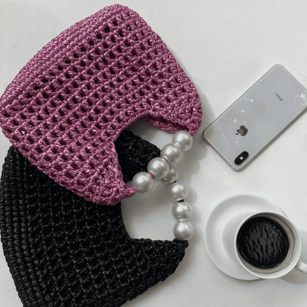 Handmade Vintage Pearl Handle Crochet Clutch – Pink Metallic Yarn Evening Bag | Aunty Woven