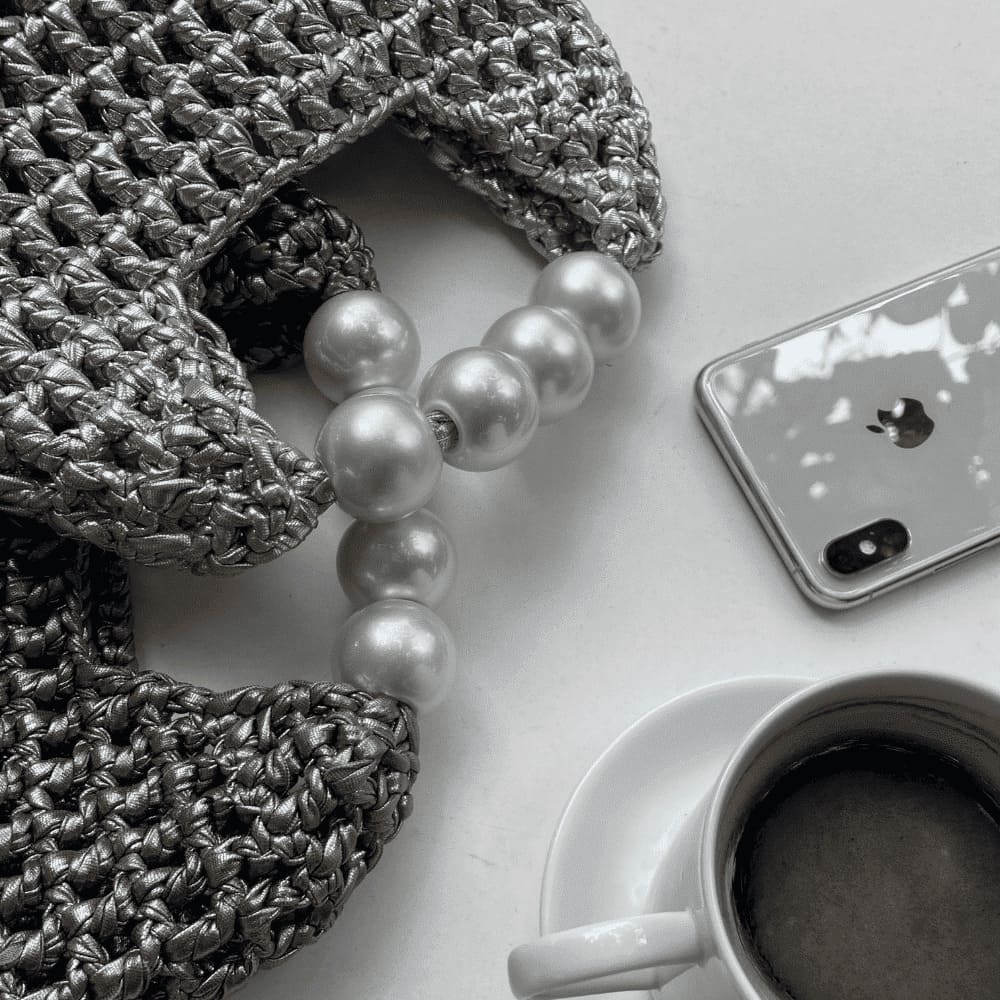 Handmade Vintage Pearl Handle Crochet Clutch – Dark Silver Metallic Yarn Evening Bag | Aunty Woven