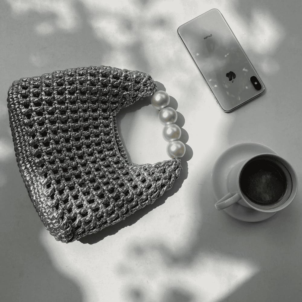 Handmade Vintage Pearl Handle Crochet Clutch – Silver Metallic Yarn Evening Bag | Aunty Woven