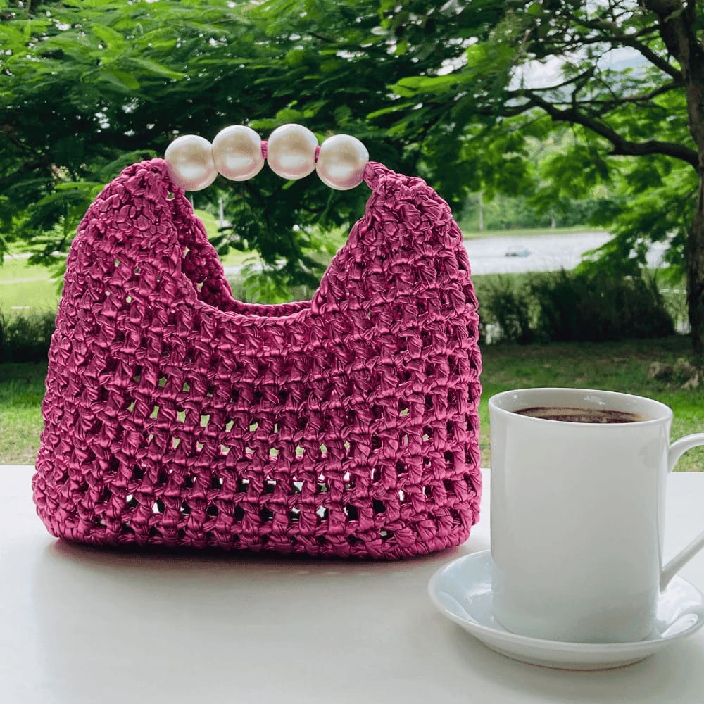 Handmade Vintage Pearl Handle Crochet Clutch – Pink Metallic Yarn Evening Bag | Aunty Woven