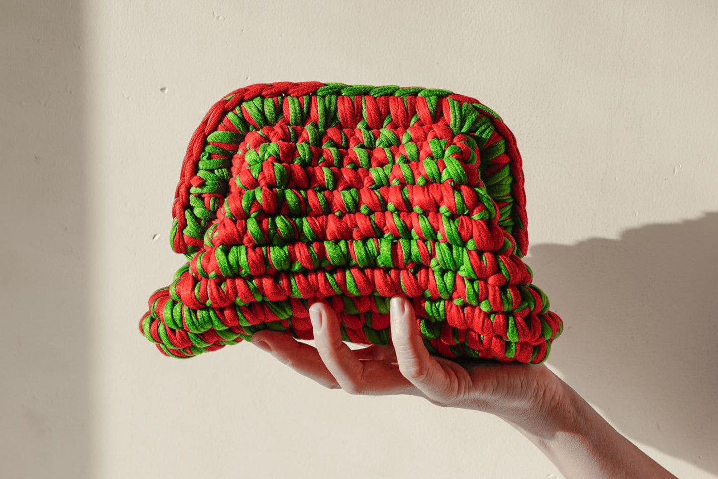 Handmade Two-Tone Crochet Clutch – Red & Green Evening Bag | Aunty Woven