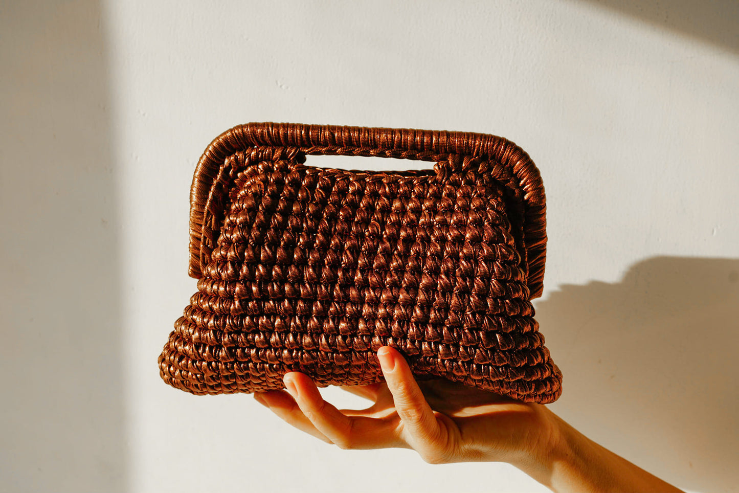 Handmade Mini Crochet Clutch – Brown Metallic Evening Bag | Aunty Woven