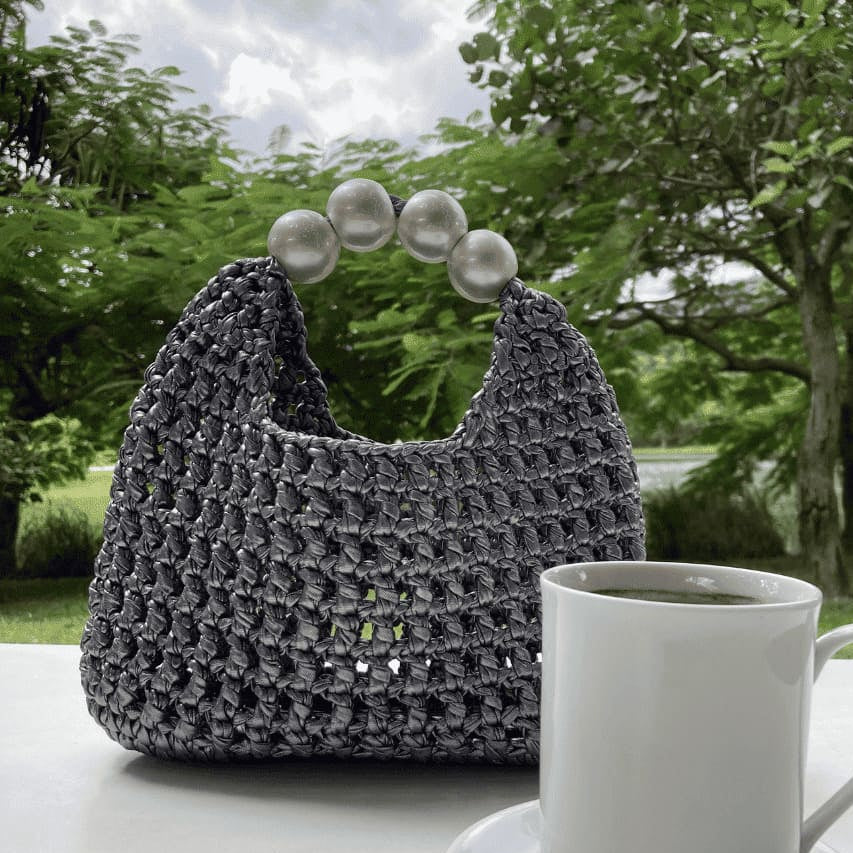 Handmade Vintage Pearl Handle Crochet Clutch – Dark Silver Metallic Yarn Evening Bag | Aunty Woven
