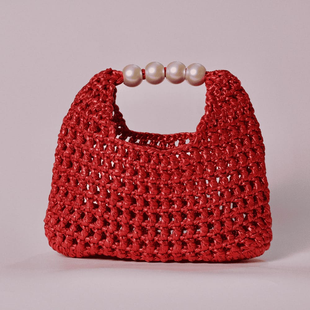 Handmade Vintage Pearl Handle Crochet Clutch – Red Metallic Yarn Evening Bag | Aunty Woven