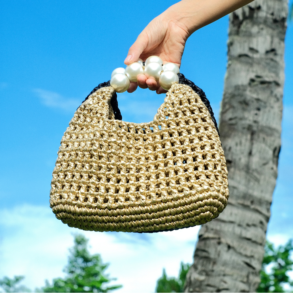 Handmade Vintage Pearl Handle Crochet Clutch – Gold Metallic Yarn Evening Bag | Aunty Woven
