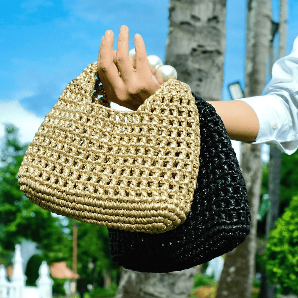 Handmade Vintage Pearl Handle Crochet Clutch – Gold Metallic Yarn Evening Bag | Aunty Woven