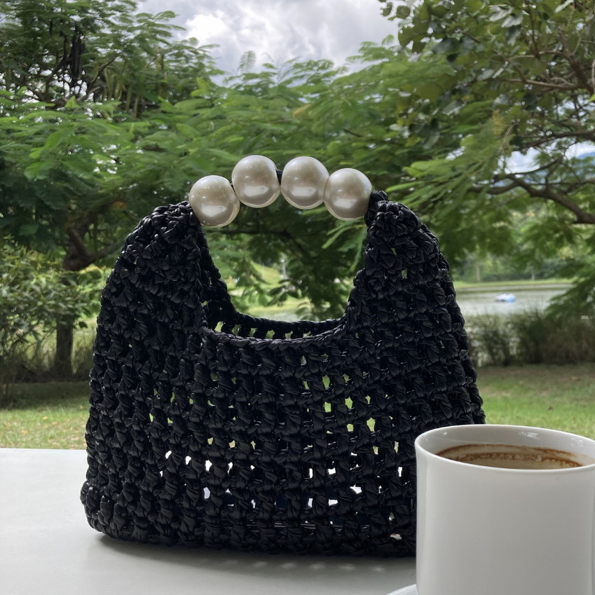 Handmade Vintage Pearl Handle Crochet Clutch – Black Metallic Yarn Evening Bag | Aunty Woven