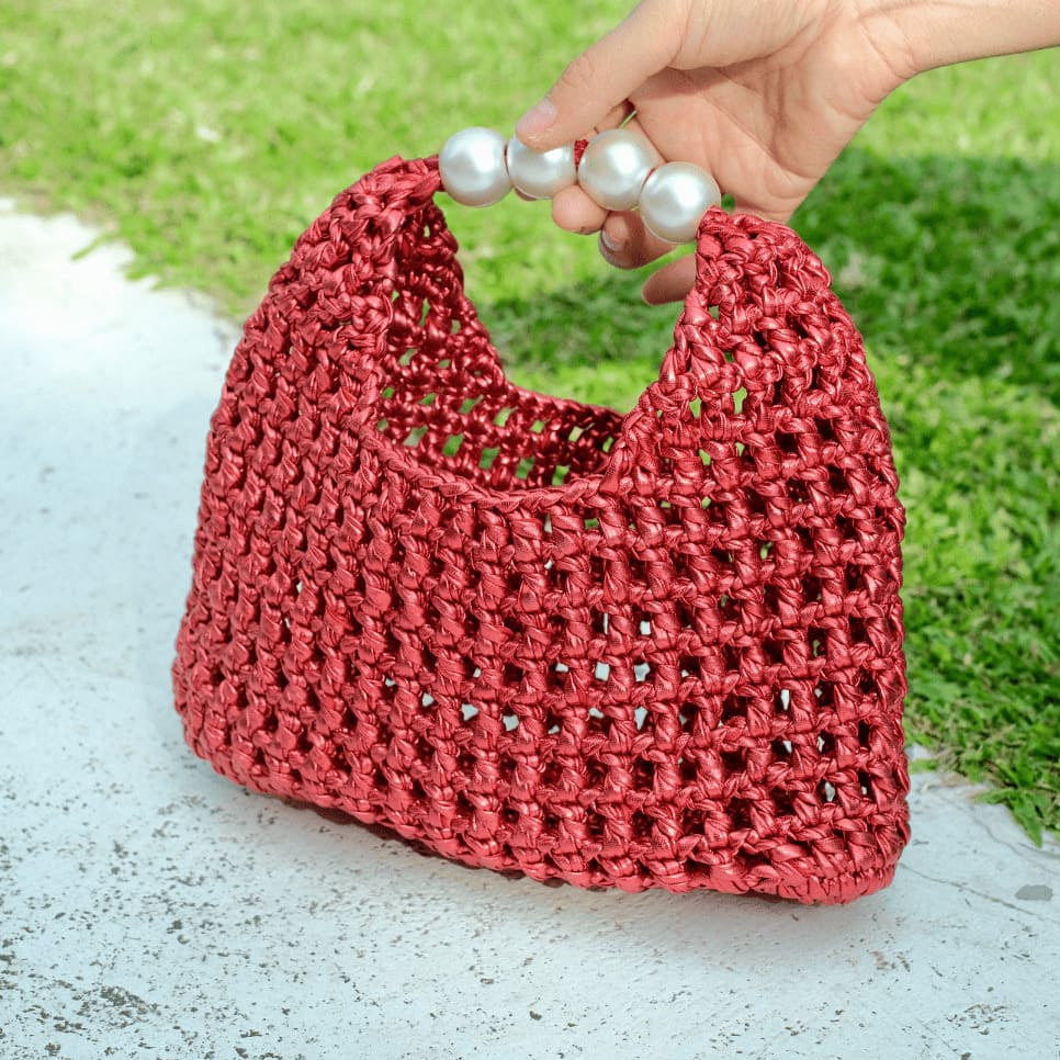 Handmade Vintage Pearl Handle Crochet Clutch – Red Metallic Yarn Evening Bag | Aunty Woven