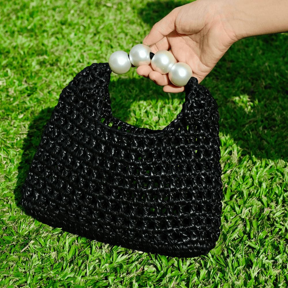 Handmade Vintage Pearl Handle Crochet Clutch – Black Metallic Yarn Evening Bag | Aunty Woven