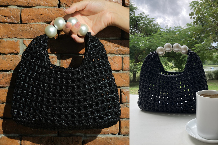 Handmade Vintage Pearl Handle Crochet Clutch – Black Metallic Yarn Evening Bag | Aunty Woven