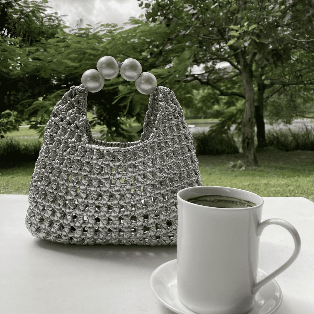 Handmade Vintage Pearl Handle Crochet Clutch – Silver Metallic Yarn Evening Bag | Aunty Woven