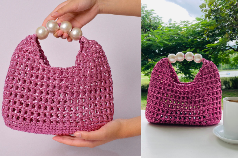 Handmade Vintage Pearl Handle Crochet Clutch – Pink Metallic Yarn Evening Bag | Aunty Woven