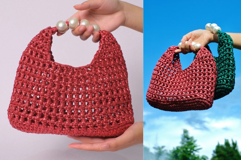 Handmade Vintage Pearl Handle Crochet Clutch – Red Metallic Yarn Evening Bag | Aunty Woven