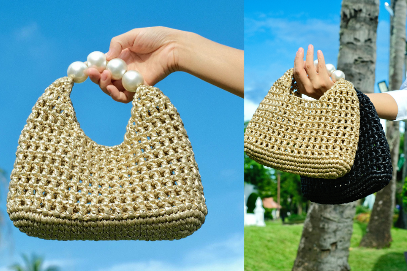 Handmade Vintage Pearl Handle Crochet Clutch – Gold Metallic Yarn Evening Bag | Aunty Woven