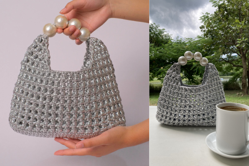Handmade Vintage Pearl Handle Crochet Clutch – Silver Metallic Yarn Evening Bag | Aunty Woven