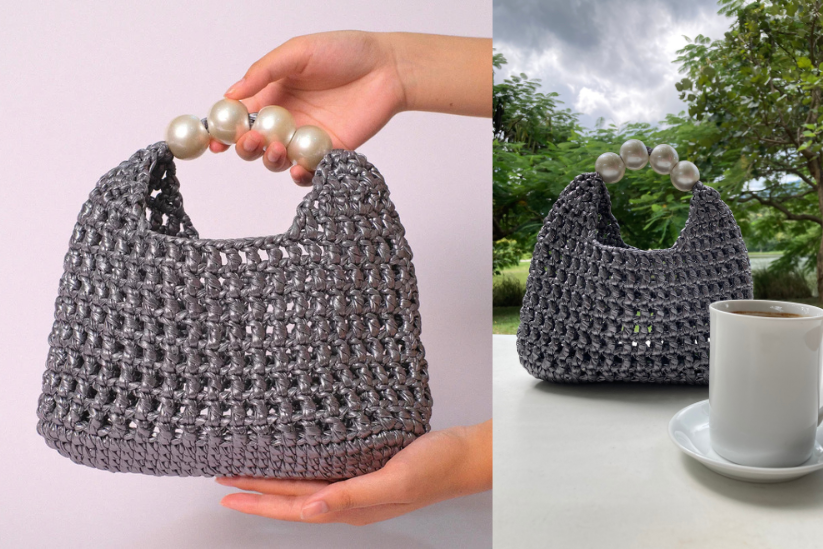 Handmade Vintage Pearl Handle Crochet Clutch – Dark Silver Metallic Yarn Evening Bag | Aunty Woven