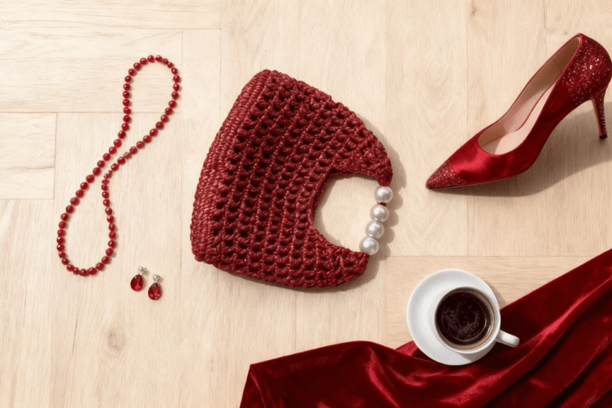 Handmade Vintage Pearl Handle Crochet Clutch – Red Metallic Yarn Evening Bag | Aunty Woven