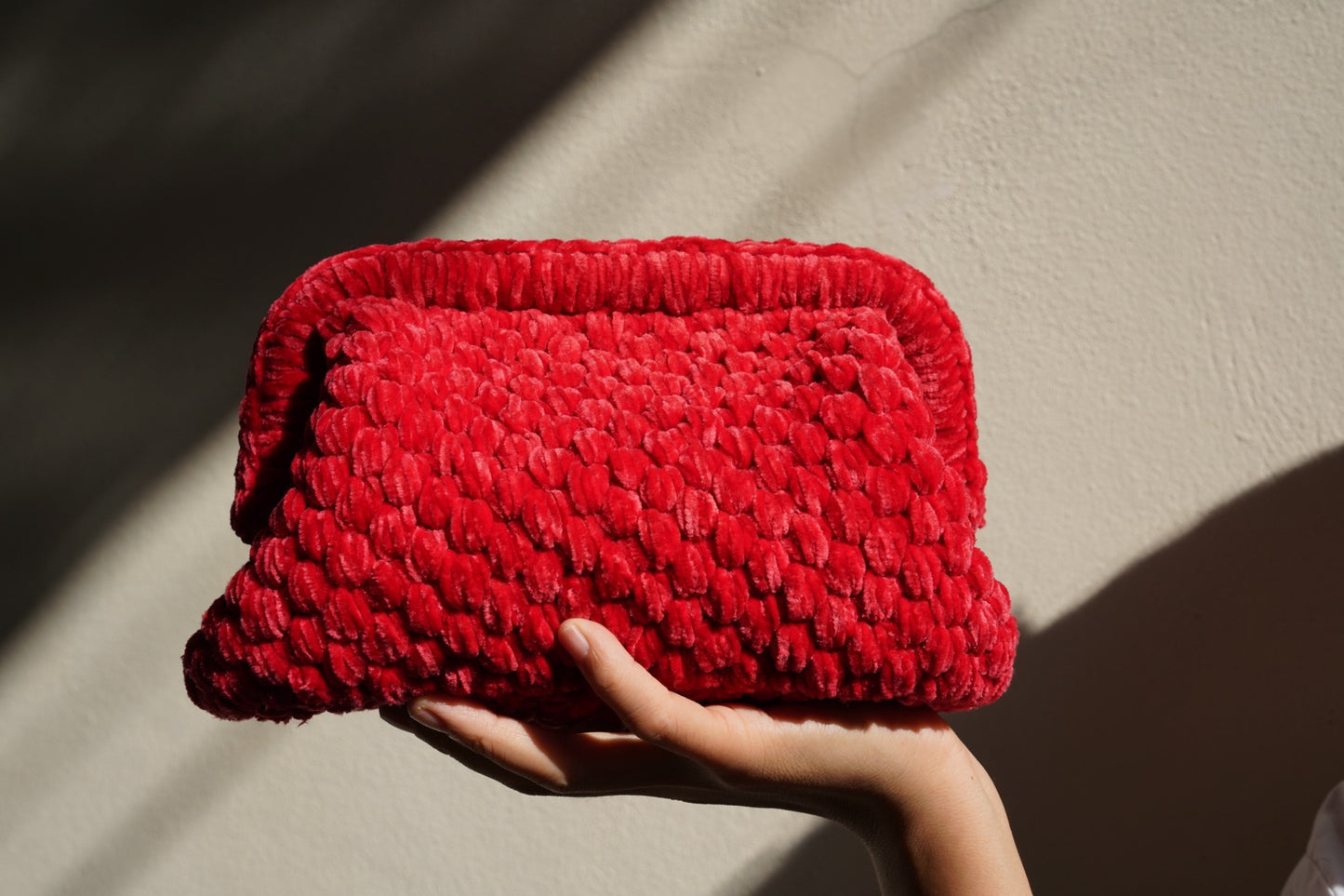 Handmade Velvet Crochet Clutch – Christmas Red Elegant Evening Bag | Aunty Woven
