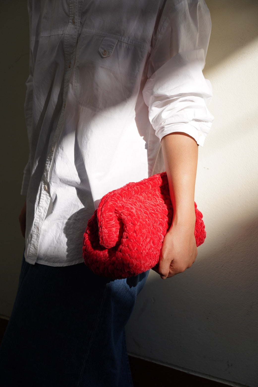 Handmade Velvet Crochet Clutch – Christmas Red Elegant Evening Bag | Aunty Woven