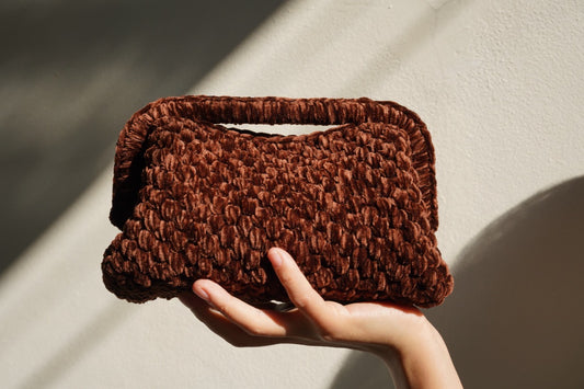 Handmade Velvet Crochet Clutch – Coffee Brown Elegant Evening Bag | Aunty Woven
