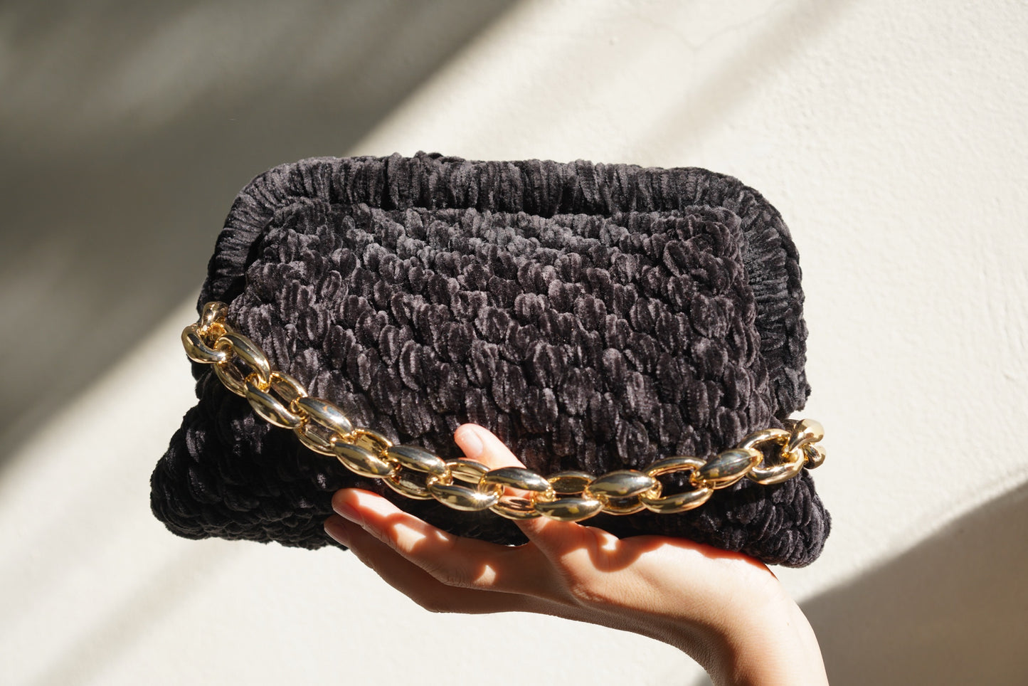 Handmade Velvet Crochet Clutch – Midnight Black Elegant Evening Bag | Aunty Woven
