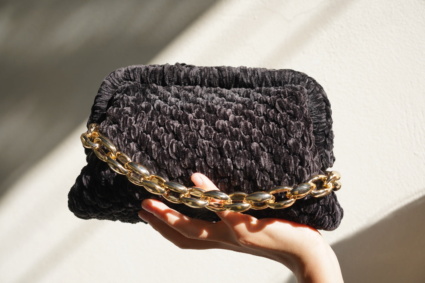 Handmade Velvet Crochet Clutch – Midnight Black Elegant Evening Bag | Aunty Woven