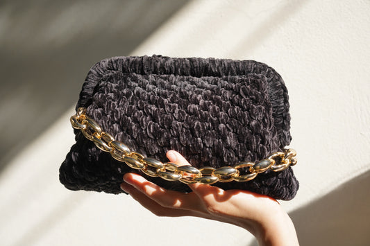 Handmade Velvet Crochet Clutch – Midnight Black Elegant Evening Bag | Aunty Woven