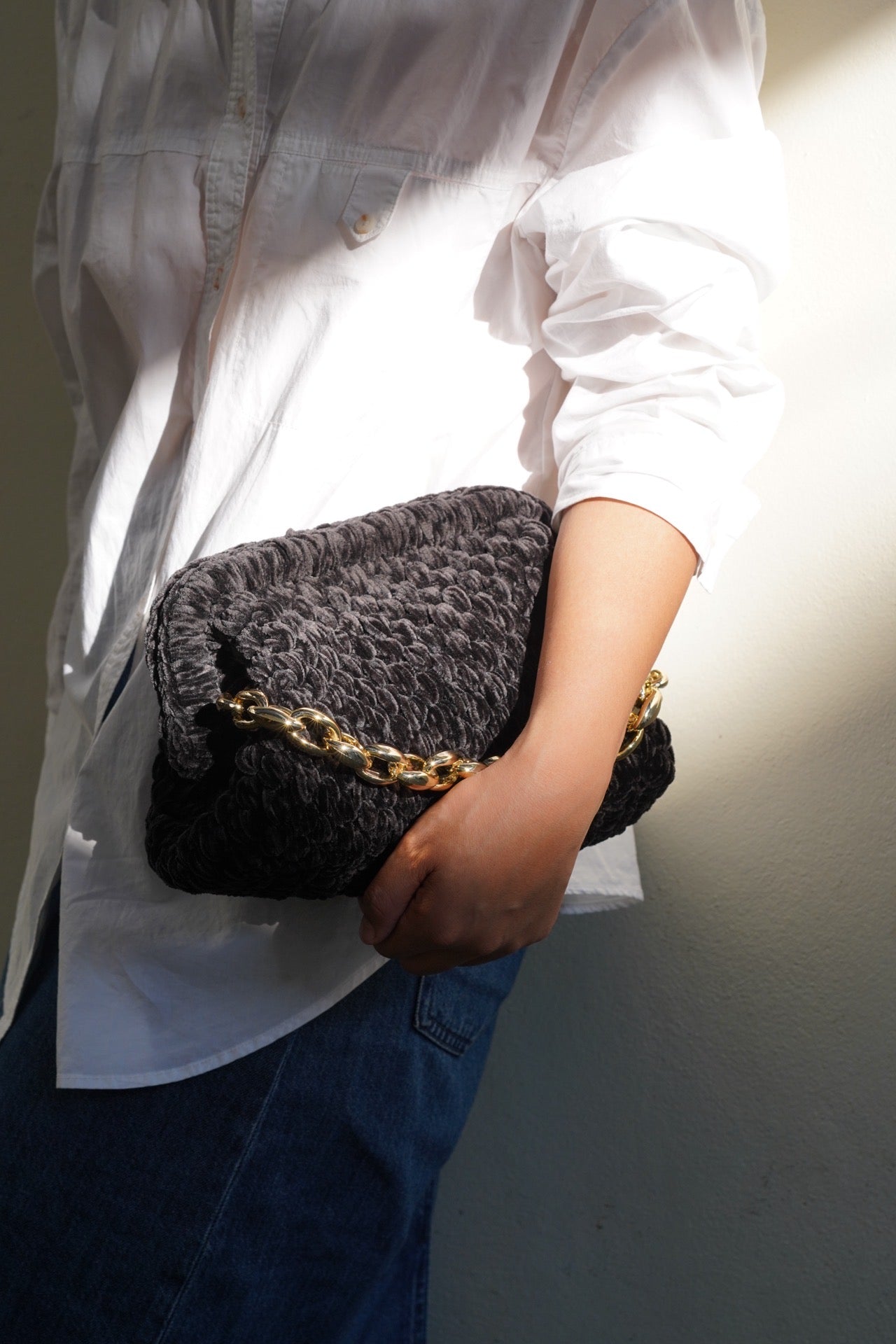 Handmade Velvet Crochet Clutch – Midnight Black Elegant Evening Bag | Aunty Woven